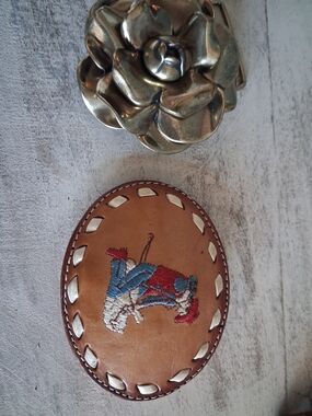 Hand-Tooled Leather Oval Patch with Embroidered Cowboy